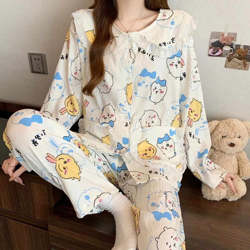 Sweet Cherry Cloud Cotton Long Sleeve Spring Home Clothes Set For Girls Comfortable Breathable Sleepwear Casual Style