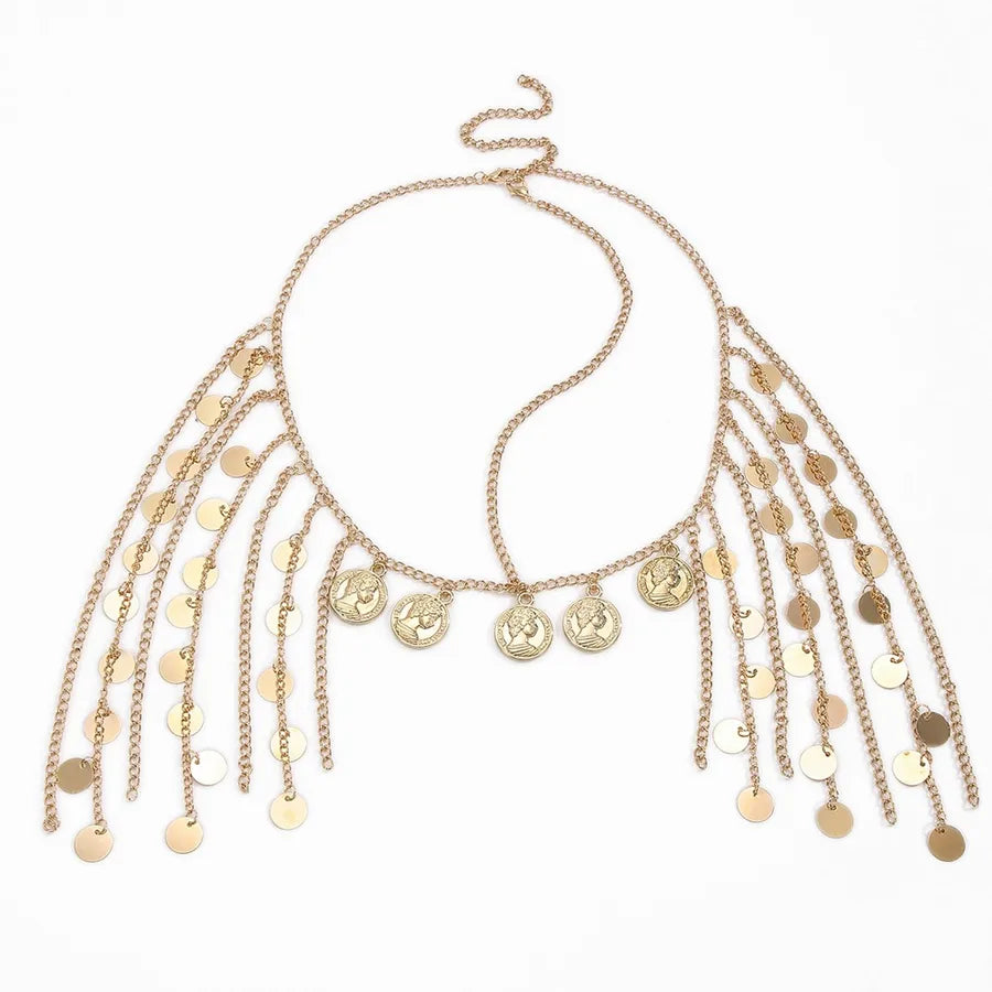 Elegant gold CCB geometric pattern sequin tassel head chain, a luxurious hair accessory designed for women, featuring intricate design and shimmering sequins ideal for special occasions.