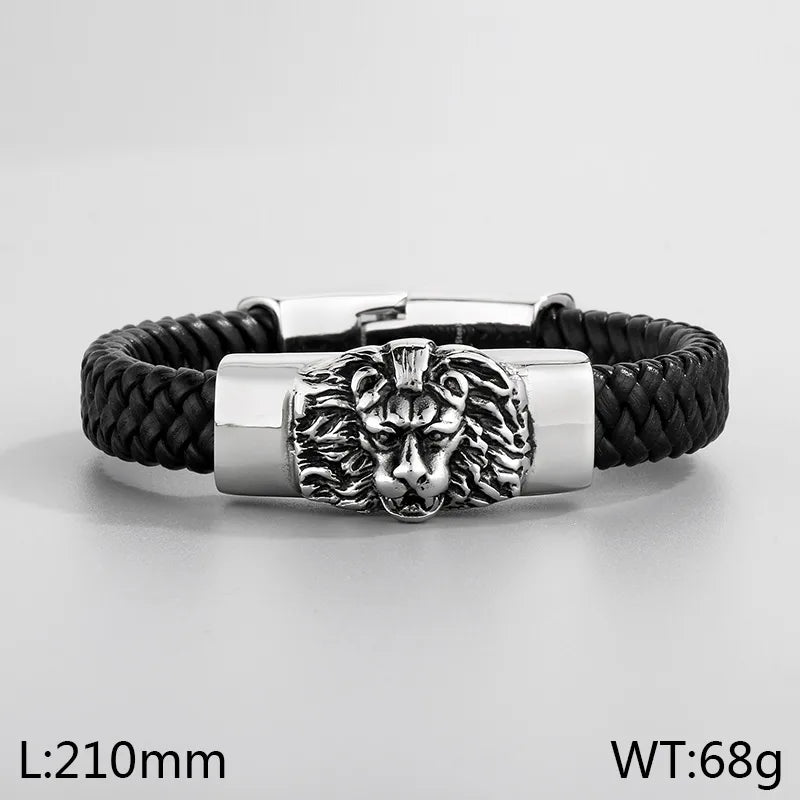 Hip-Hop Retro Animal Lion Skull 304 Stainless Steel Leather rope Leather Halloween Men's Bracelets