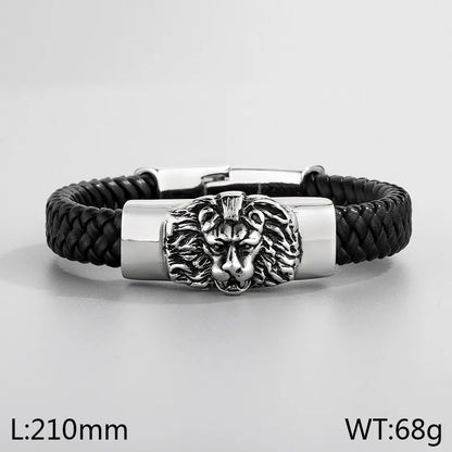 Hip-Hop Retro Animal Lion Skull 304 Stainless Steel Leather rope Leather Halloween Men's Bracelets