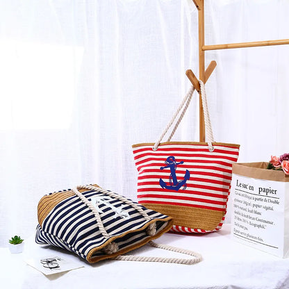 Elegant large women's canvas stripe beach underarm bag featuring an open closure and luxurious double shoulder straps, perfect for casual and daily use.