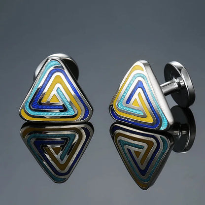 Close-up view of premium geometric men's cufflinks in copper plating, perfect for formal attire.
