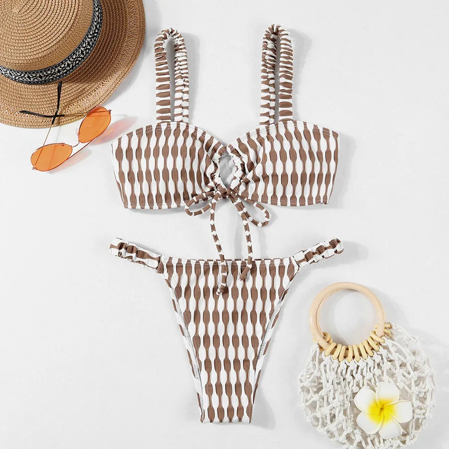 Elegant women's plaid solid color bikini swimwear set featuring full coverage and a luxurious low waist design, perfect for stylish beach outings and poolside relaxation.