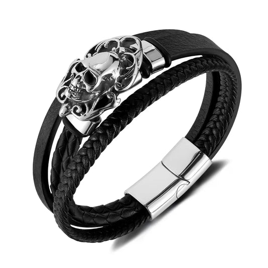 Elegant 304 stainless steel and PU leather men's bangle with a striking skull pattern, designed for the discerning gentleman seeking a unique streetwear accessory.