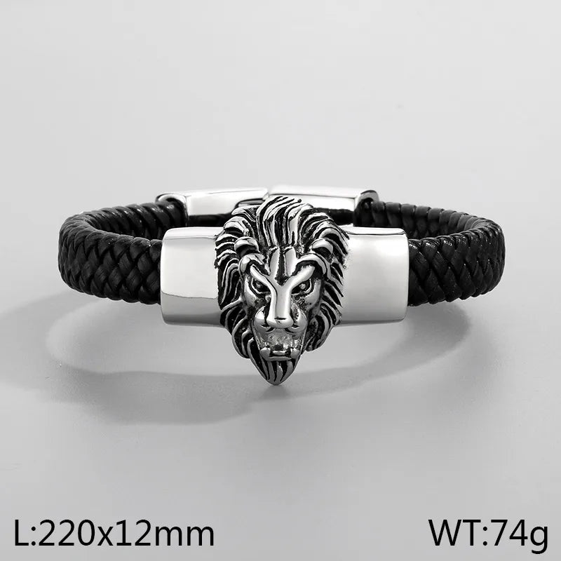 Hip-Hop Retro Animal Lion Skull 304 Stainless Steel Leather rope Leather Halloween Men's Bracelets
