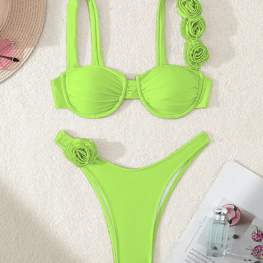 Chic solid colour flower bikini set for women, showing off a seductive bralette and stylish low waist bikini, perfect for a beach escape.