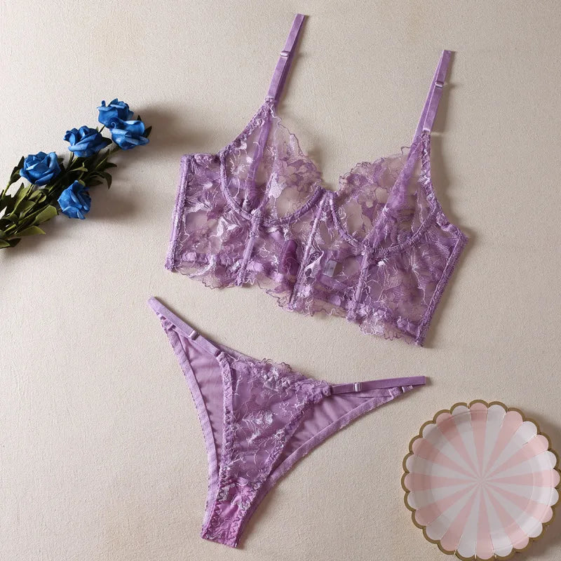 Luxurious women's sheer embroidered flower bra showcasing exquisite floral design, perfect for elegant parties.