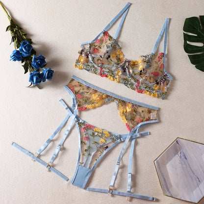 Intimate display of the Luxury Flower Lace Bra and Thong Lingerie Set, highlighting the sensual lace textures and captivating floral patterns for women.