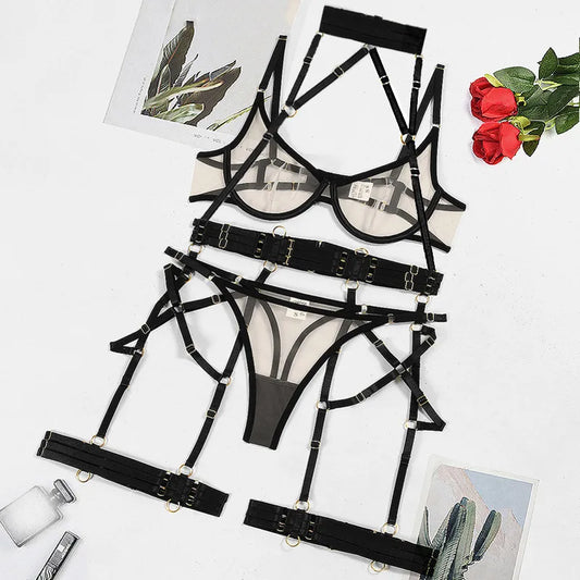Luxury women's sexy lingerie set with a halter neck wireless bra and sleeveless design, ideal for indoor and home use during spring and summer.