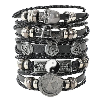 Close-up view of a sophisticated men's gossip skull bracelet showcasing its intricate woven chain detail made from premium PU leather and alloy.