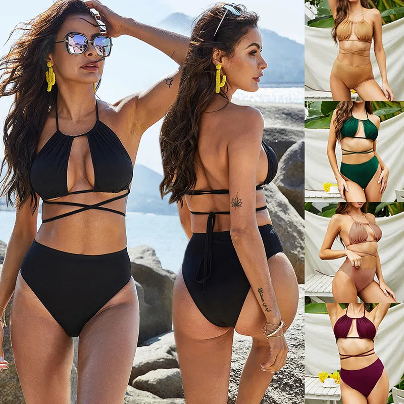 Elegant women's solid colour 2 piece bikini set featuring sexy full coverage swimwear, perfect for luxurious poolside lounging and beach outings.