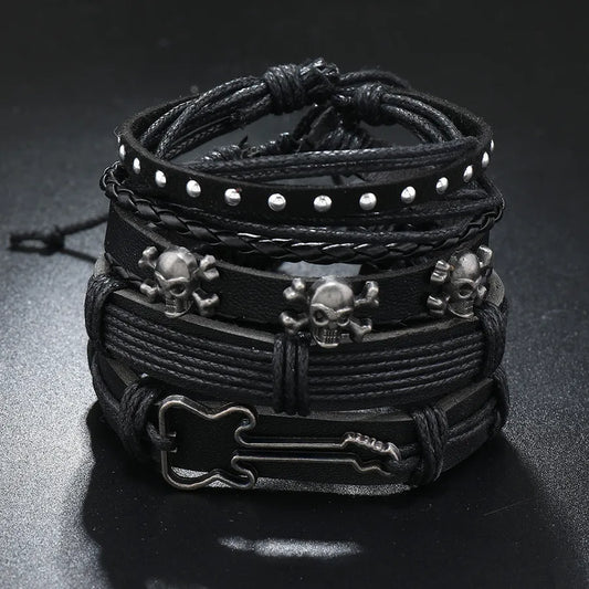 Retro Punk Geometric Skull Pu Leather Alloy Braid Halloween Men's Bracelets Drawstring Bracelets
