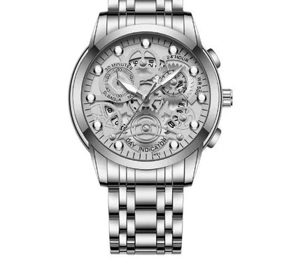 Luxury men's round quartz watch featuring a stylish stainless steel strap with double-side snaps, perfect for daily or business occasions.