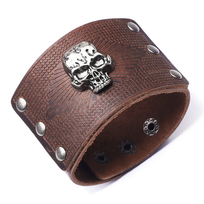 Vintage Style Skull Leather Bangle for Men - Perfect Halloween Accessory in Multiple Colours