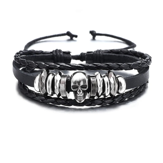 Elegant Alloy Skull detail on Retro Black PU Leather Bracelet, ideal for enhancing men's fashion with a bold statement.