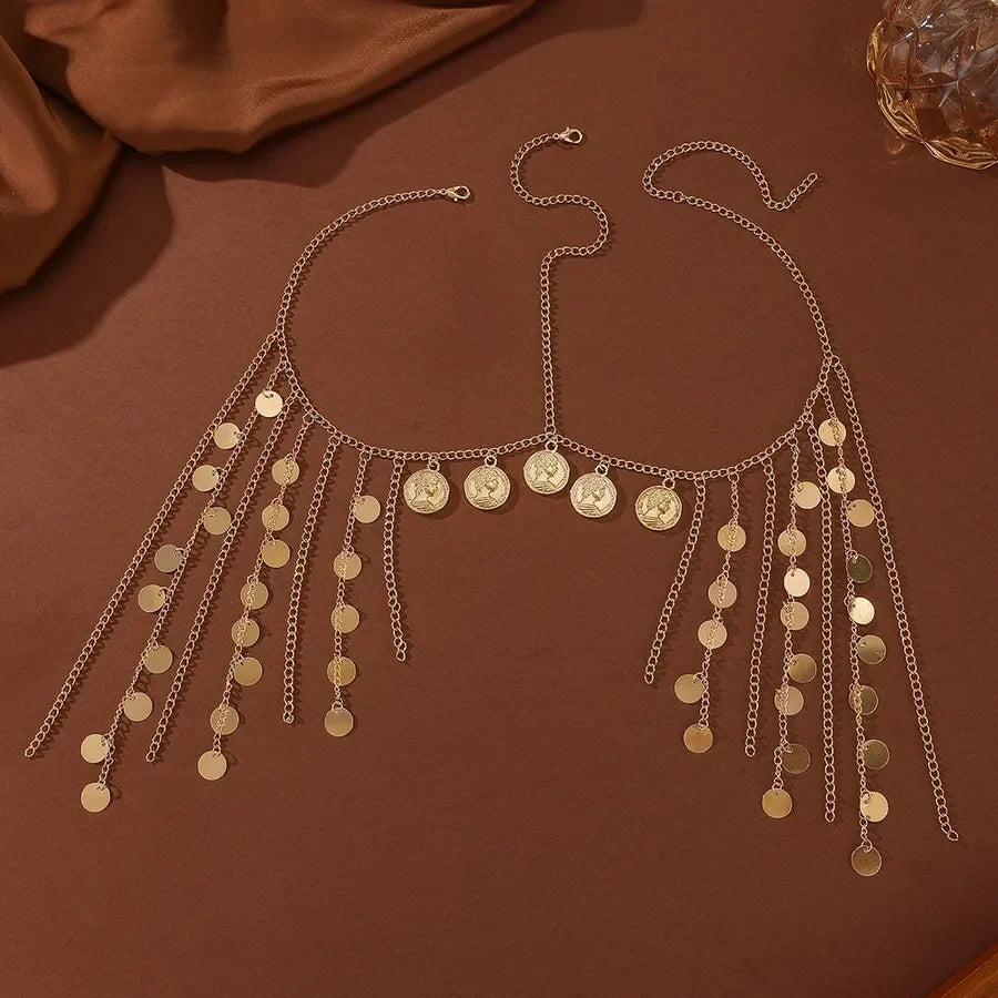 Stylish woman wearing the Elegant Gold CCB Geometric Pattern Sequin Tassel Head Chain, complementing her elegant hairstyle for a special occasion.