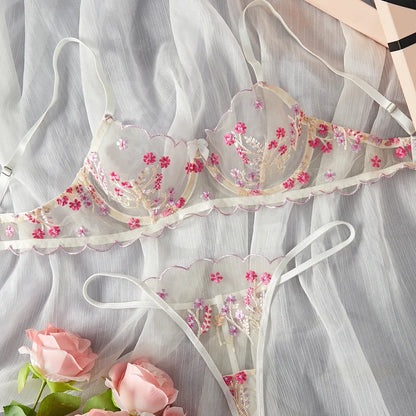 Full view of women's sheer floral lingerie set, combining sophistication and allure for unforgettable romantic experiences.