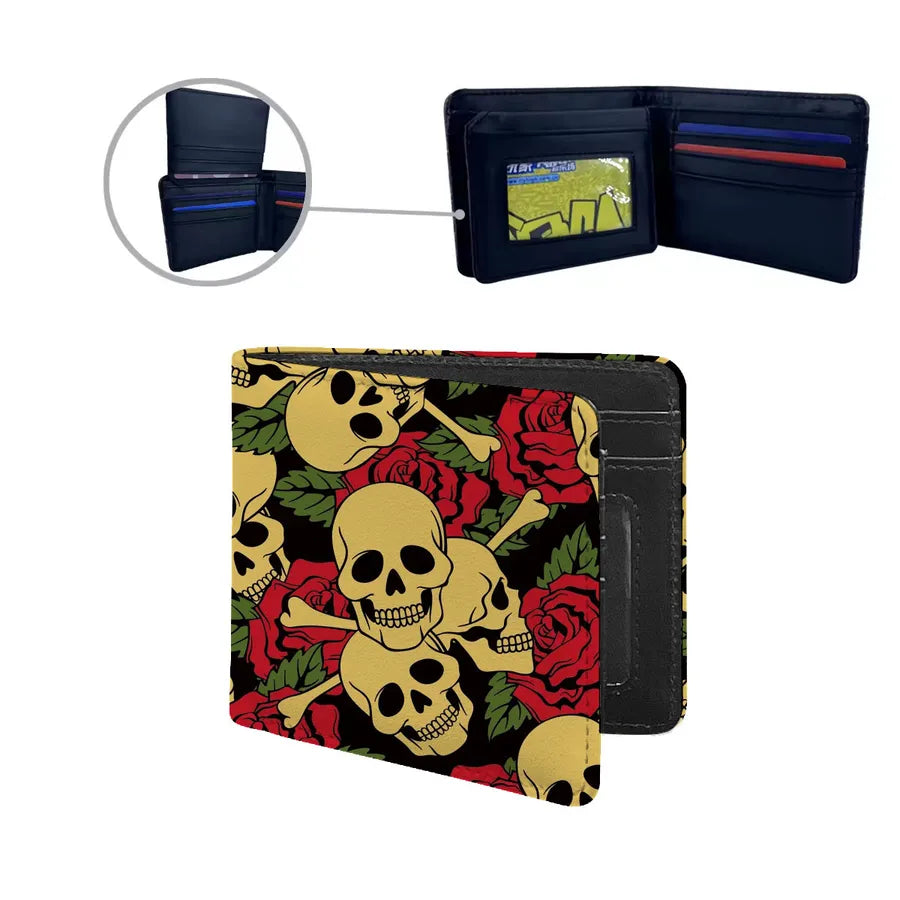 Premium men's PU leather wallet designed with a skull pattern, equipped with a side zipper, suitable for a fashionable streetwear look and Halloween events.