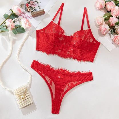 Complete look of the women's sexy lace lingerie set, showcasing the stunning see-through design and intricate floral patterns, perfect for enhancing femininity.