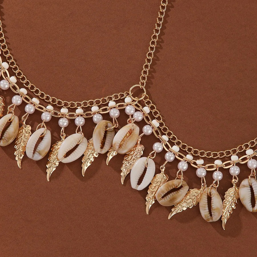 Handmade Fashion Pearl Leaf Shell Tassel Women's Headwear Alloy Leaf Pattern European Style Hair Accessories Popular New Model