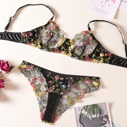 Luxurious women's sexy flower embroidered lingerie set featuring an underwire bra and low waist thong, perfect for special occasions.