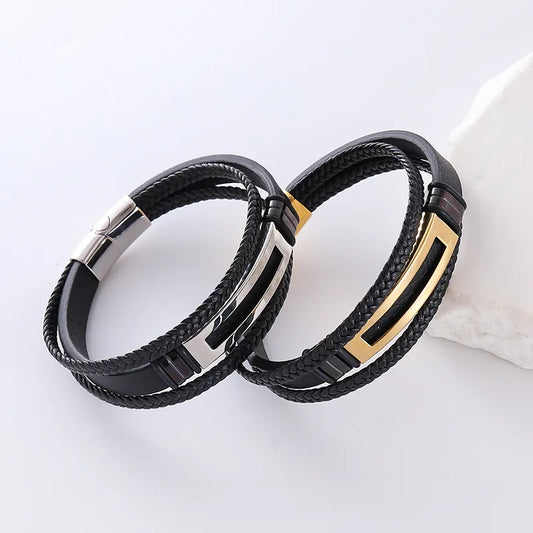 Luxury Hip-Hop Men's round leather bracelet featuring 304 stainless steel accents, perfect for casual and party wear.