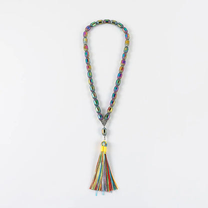 Stylish display of the elegant classical rosary, highlighting its shimmering glass beads and sophisticated alloy features.