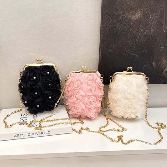Chic chain strap of the Floral Embellished Mini Square Clutch Bag that adds versatility and style, ideal for both shoulder and handheld carry.