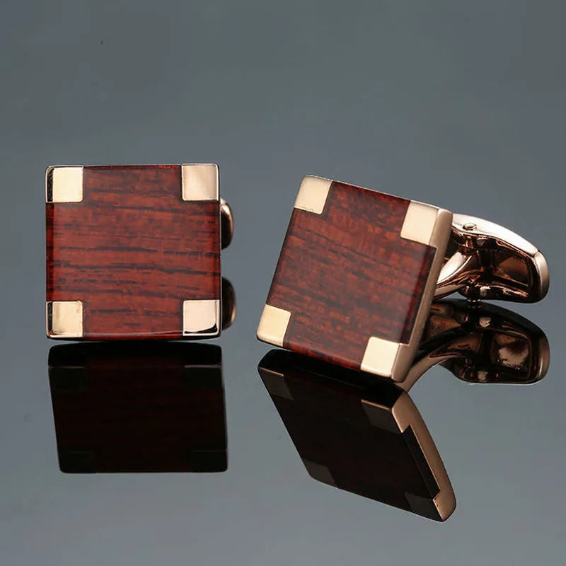 Close-up of premium geometric cufflinks for men, featuring copper plating and sophisticated detailing.