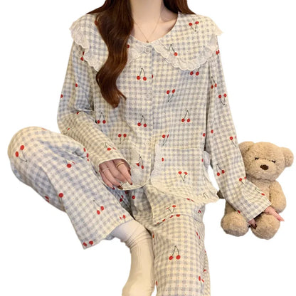 Sweet Cherry Cloud Cotton Long Sleeve Spring Home Clothes Set For Girls Comfortable Breathable Sleepwear Casual Style