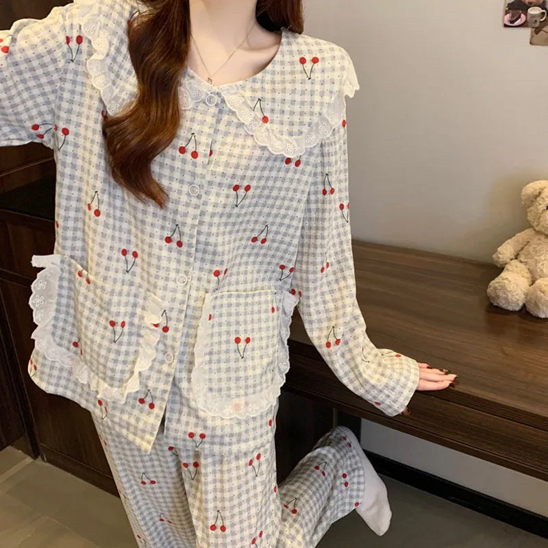 Sweet Cherry Cloud Cotton Long Sleeve Spring Home Clothes Set For Girls Comfortable Breathable Sleepwear Casual Style