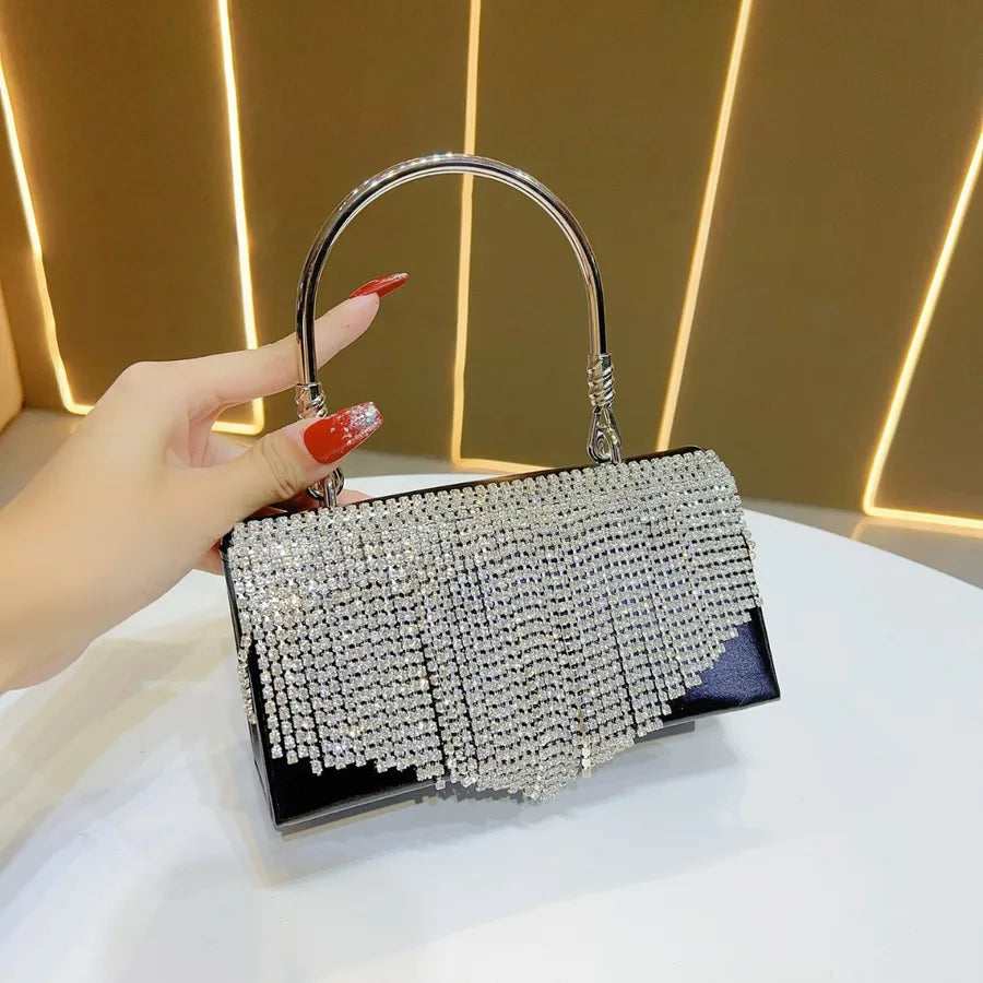 Elegant Fringed Rhinestone Crossbody Clutch Bag For Evening Dresses Cheongsam Ball Gown High-End Women's Handbag Fashionable Square Polyester Bag