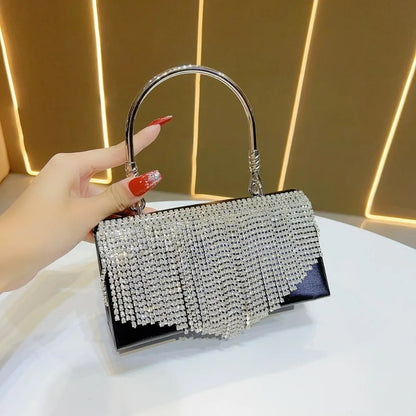 Elegant Fringed Rhinestone Crossbody Clutch Bag For Evening Dresses Cheongsam Ball Gown High-End Women's Handbag Fashionable Square Polyester Bag