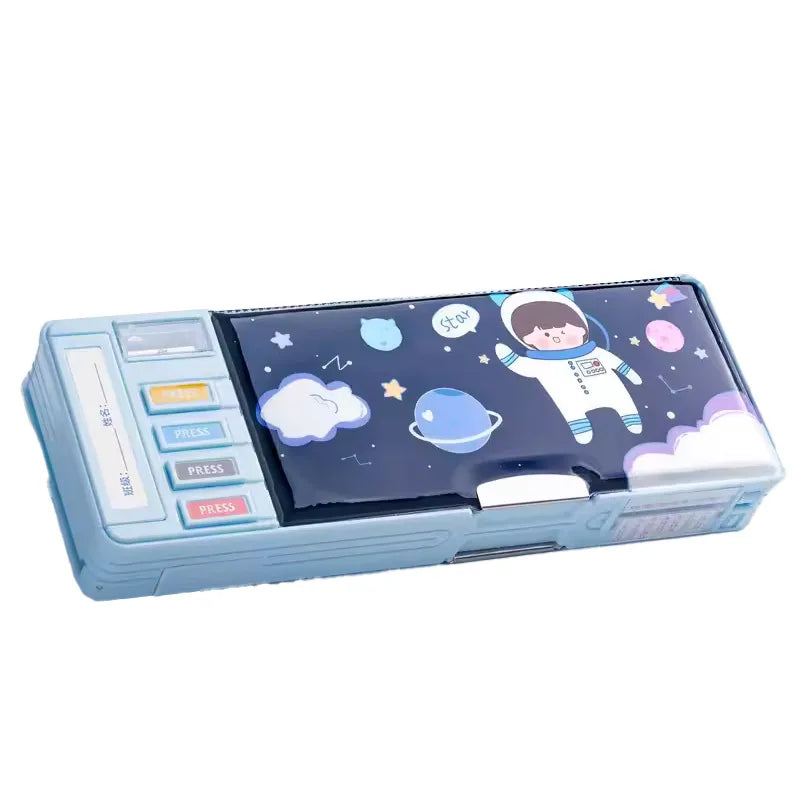 Elegant double-layer pencil case with vibrant cartoon design, perfect for organising stationery for primary school students, combining functionality and style.