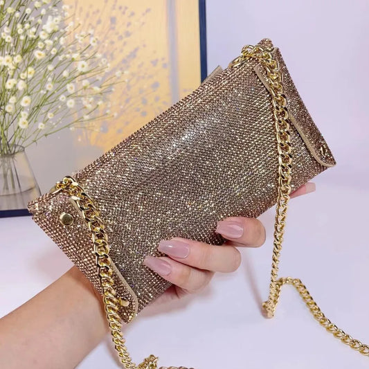 Elegant crossbody clutch with single shoulder strap, the Glitzy Sparkling Diamond Evening Bag adds glamour to evening attire, ideal for weddings and galas.