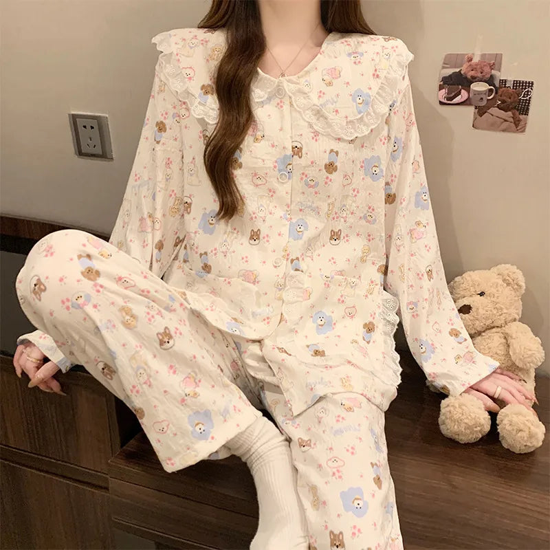 Sweet Cherry Cloud Cotton Long Sleeve Spring Home Clothes Set For Girls Comfortable Breathable Sleepwear Casual Style