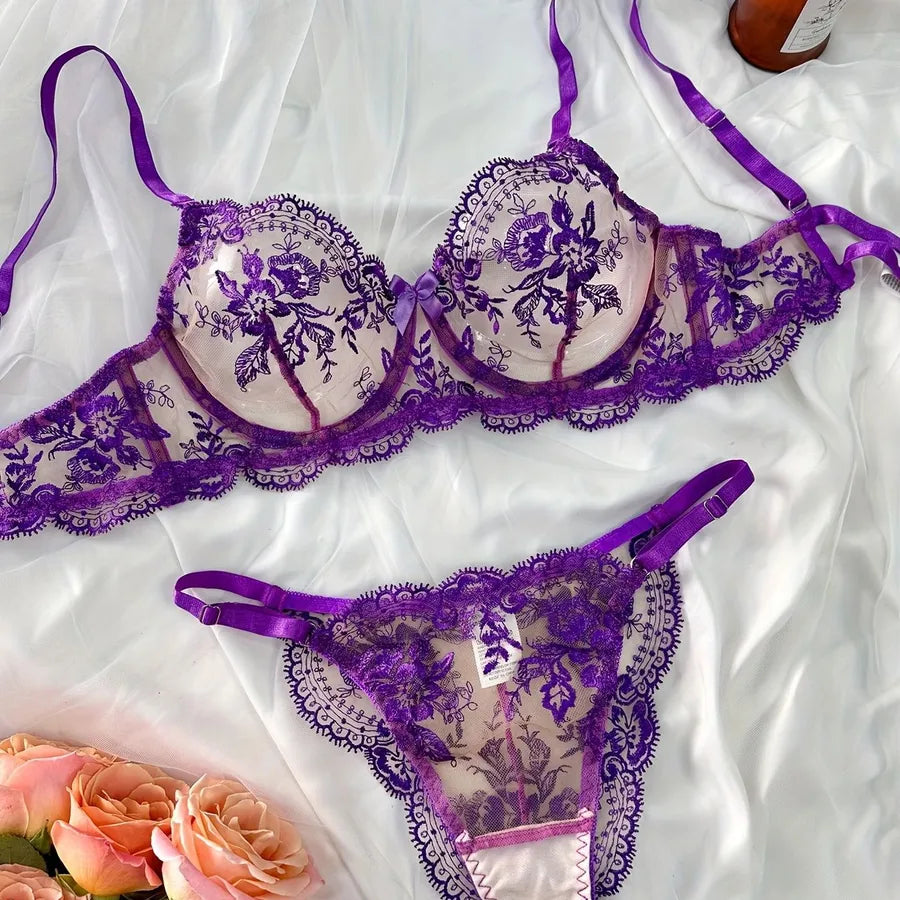 Luxury Women's Floral Sheer Lingerie Set - Low Waist Bra and Panties, Perfect for Honeymoon