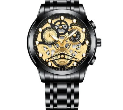 Luxurious men's round quartz watch featuring a stainless steel strap and double-side snaps for elegance and durability.