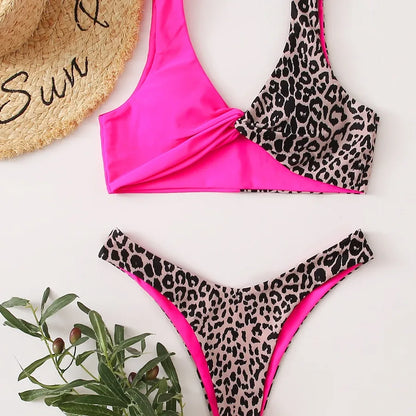 Elegant 2-piece leopard print swimwear set, crafted from high-quality nylon and polyester, ideal for stylish summer outings.