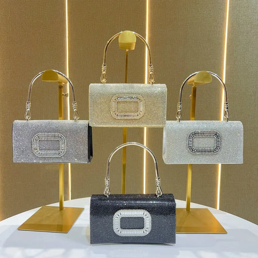 Elegant diamond embellished luxury square clutch bag with shoulder chain strap, perfect for evening occasions.