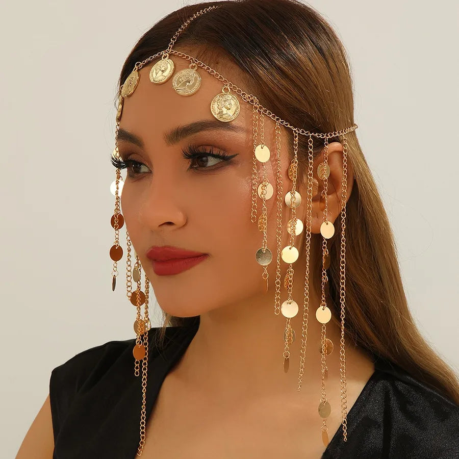 Elegant Gold CCB Geometric Pattern Sequin Tassel Head Chain, a luxurious hair accessory for women, showcasing intricate geometric designs and shimmering sequins.