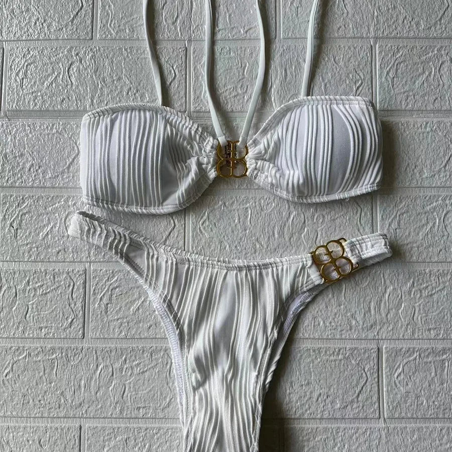 Luxurious Women's Solid Colour 2-Piece Bikini Set featuring a sexy low waist design, perfect for pool and beach outings.
