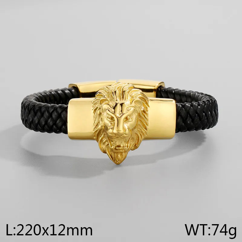 Hip-Hop Retro Animal Lion Skull 304 Stainless Steel Leather rope Leather Halloween Men's Bracelets