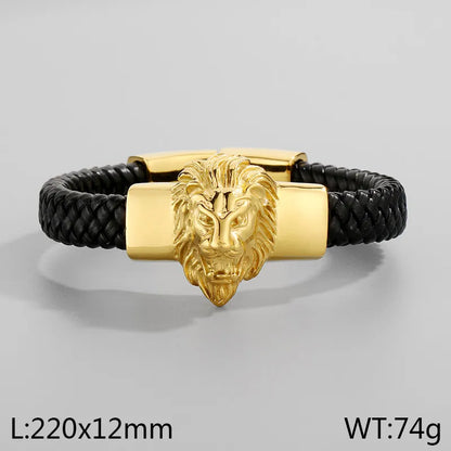 Hip-Hop Retro Animal Lion Skull 304 Stainless Steel Leather rope Leather Halloween Men's Bracelets