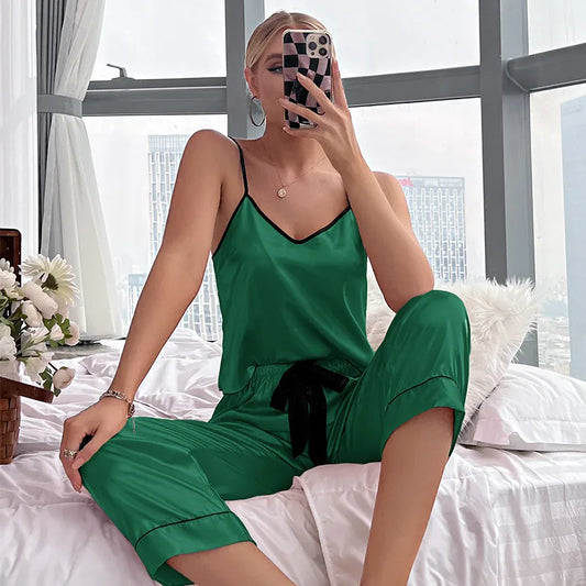 women's fashion stripe polyester satin pants sets