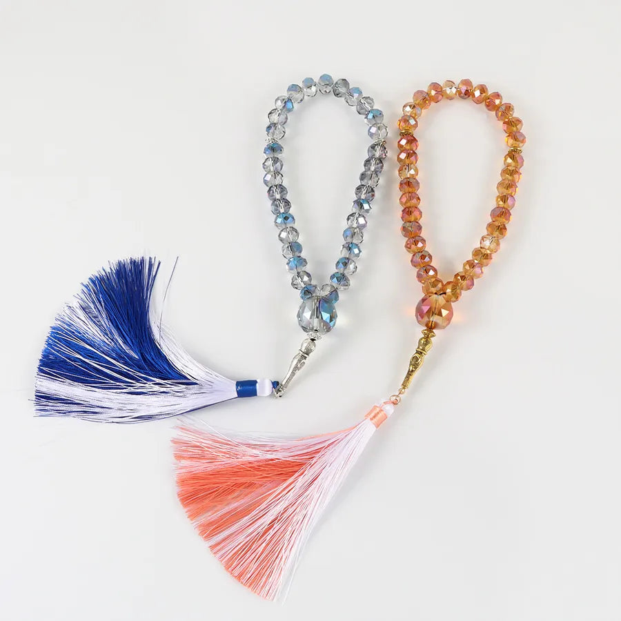 Luxury handmade rosary bracelet featuring orange and blue alloy and glass beads with tassel, perfect for special occasions like Eid al-Fitr.