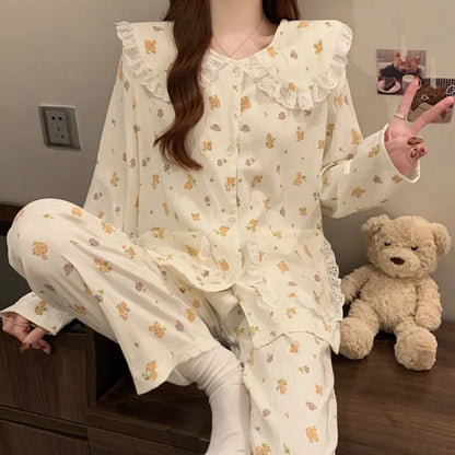 Sweet Cherry Cloud Cotton Long Sleeve Spring Home Clothes Set For Girls Comfortable Breathable Sleepwear Casual Style