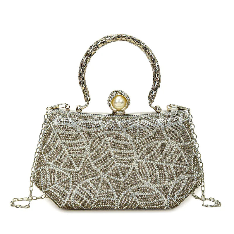 Fashionable single shoulder strap of a diamond-embellished evening bag, designed for modern elegance and versatility.