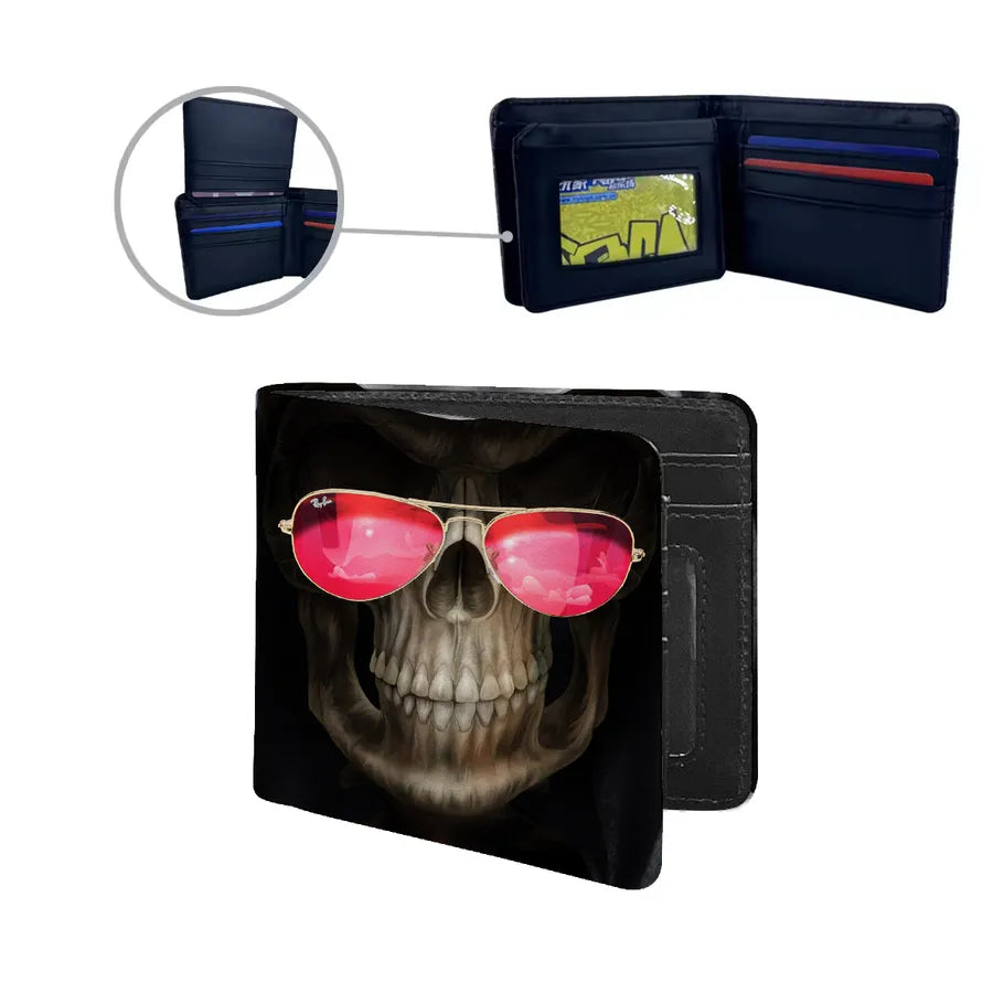 Men's luxury skull pattern PU leather small wallet featuring a side zipper, ideal for streetwear style and Halloween celebrations.