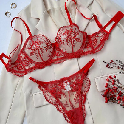 Full view of the elegant women's floral sheer lingerie set, ideal for creating a romantic atmosphere.